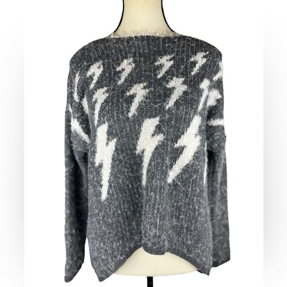 Made in Italy gray & white lightning pattern fuzzy winter sweater high low hem - Picture 1 of 6